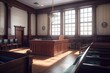 Empty american style courtroom. supreme court of law and justice trial stand