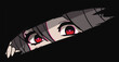 Anime manga eyes looking from a paper tear. Red yandere eyes with hearts. Vector hand drawn image on black background.