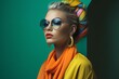 © Snapshooter - Beautiful fashion model portrait. European young woman wearing wearing glasses. Bright colors, stylish makeup. Generative AI