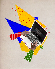 IT job. Human hands typing on laptop, writing programme codes. Developing new web sites or applications. Contemporary art collage. Creative design. Concept of modern technologies, surrealism