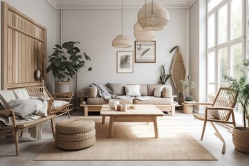 Wall Mural - Scandinavian home design, light living room with neutral wooden furnishings,. Generative AI