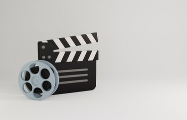 Cinema film and clap board  isolated on white background. 3d render illustration