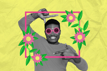 Poster - Creative bright template collage of funky young guy making taking decorative spring shot with camera fingers