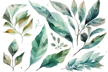 Poster - watercolor leaves and branches. Generative AI