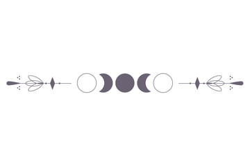 Moon Phases with celestial border isolated on white background. Mystic esoteric symbol with moon and border. Astrology cycle eclipse. Vector design element.