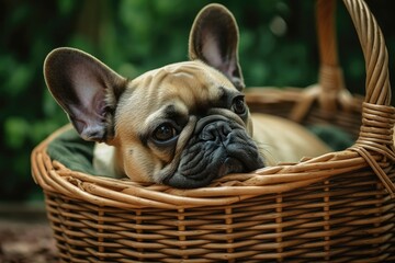 Canvas Print - Close up of a cute French bulldog on a brown basket with a green natural background. Generative AI