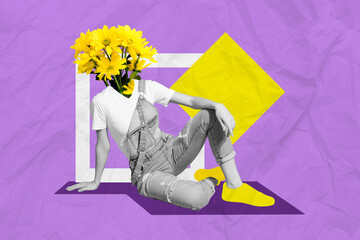 Poster - Creative vibe trend collage of bright young person with yellow daisy face enjoying spring time season day