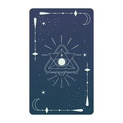 Wall Mural - Tarot card with mystic eye pyramid and celestial border. Boho esoteric tarot card with eye and frame. Vector illustration. Sacred geometry celestial triangle