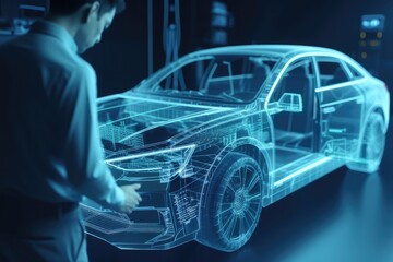 In automotive innovation facility automobile design engineer working on 3D holographic model projection of electric car