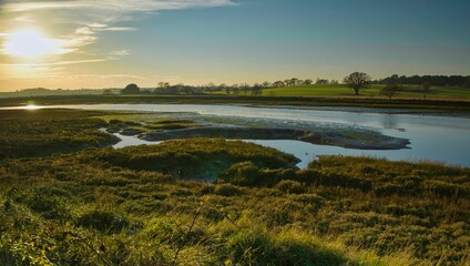 Sticker - Beautiful view of the rural English nature reserve at sunset in Suffolk, England