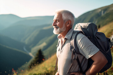 Active Mature man walking or hiking outdoors, AI generated