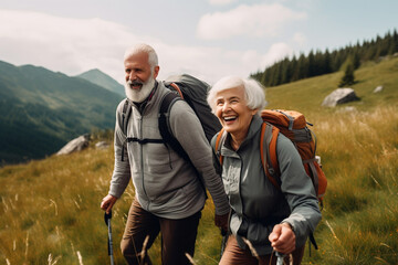 active mature couple walking or hiking outdoors, ai generated