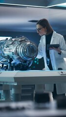 Leinwandbilder - Vertical Screen: Researcher Working on a Project with Futuristic Turbine Motor, Standing with Tablet Computer in Scientific Technology Lab. Female Science Professor Developing a Jet Engine