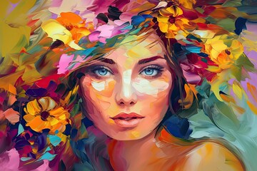 Wall Mural - oil painting with abstract color and a person portrait. today's art, a young model is portrayed in a