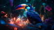 Toucan close up with illuminated flowers in a mystical tropical forest. Ai generated illustration of colorful parrot amidst beautiful vegetation in a dark green landscape 
