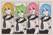 Anime manga school girls set. Monochrome palette