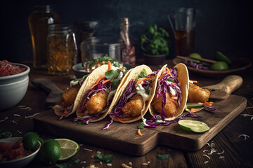 Wall Mural - Close-up photographic Mexican tacos with beef, vegetables, and spices, a beautiful background, generative AI tech,
