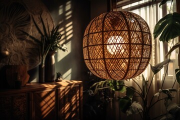 Poster - Modern boho, tropical, bohemian bamboo light with wall shadows. Generative AI