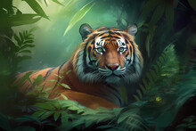 Majestic Tiger In A Lush Jungle: Digital Artwork