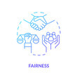 Fairness blue gradient concept icon. Principle of equality for everybody. Law and justice idea abstract idea thin line illustration. Isolated outline drawing. Myriad Pro-Bold font used