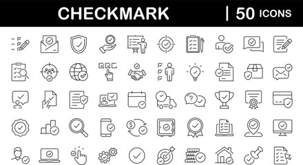 Check mark set of web icons in line style. Approve icons for web and mobile app. Approve, check marks, ticks, inspector, quality check, approved icons and more. Vector illustration