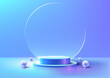 3D realistic empty blue podium pedesta stand decoration with balls circle transparent glass backdrop on blue background