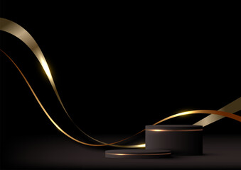 Wall Mural - 3d realistic black and gold podium stand with abstract golden wave lines and ribbon with lighting ef