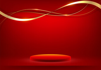 3d realistic red podium with red color wave lines with shiny golden curved line decoration and glitt