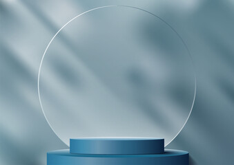 Wall Mural - 3d realistic modern empty blue cylinder podium stand product display with circle transparent glass b