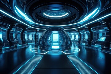 Wall Mural - The interior of a futuristic teleport station is blue. Generative AI