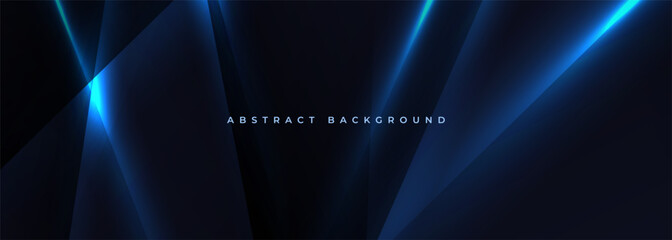 Poster - Black wide abstract horizontal technology banner with blue neon lines. Vector illustration