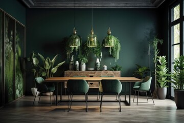 Poster - Green dining room with plants and décor. Illustration mockup. Generative AI