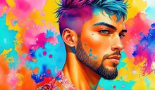 Artistic Colorful Watercolor Portrait Of An Alternative Beautiful Man, Paint Splashes, Paint Stains, Splatters. Generative AI