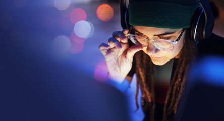 Poster - Cyber security, woman or hacker working on computer in the basement at night for phishing on database. Bokeh mockup, focus or girl coder hacking ai digital network password on internet or website