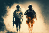 Fototapeta  - War concept. Armed soldiers with explosions on background. AI