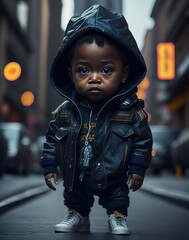 Cute Kawaii tiny black african american baby boy, dressed in street hip hop style leather clothing. Fashionable. City background. Ai generative