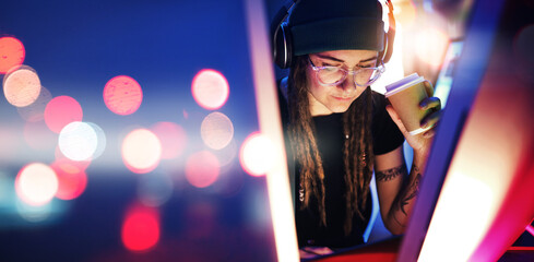 Aufkleber - Night, light or woman hacker in dark room coding, phishing or researching blockchain technology mockup. Bokeh, programmer or girl hacking online in digital cybersecurity on a website drinking coffee