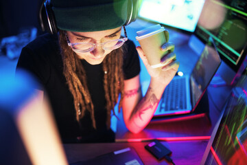 Aufkleber - Coffee, computer or girl hacker in night office for coding, phishing or researching blockchain tech. Pc data, programmer or woman hacking online in digital cybersecurity on global website or internet