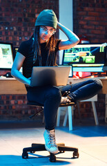 Poster - Woman hacker, night and think with laptop, confused and coding with data analysis for information technology. Female IT expert, computer or cyber crime with problem solving, thinking and development