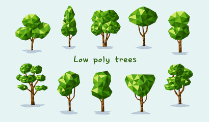 Set of low poly trees. Geometric 3D trees. Vector.