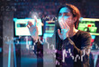 © A. Frank/peopleimages.com - Woman hacker, finance or hologram chart in night office on stock market analytics, touch planning or growth. Financial data, girl trading or hands on 3d screen interactive ux digital graphs forecast