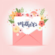 Happy mother s day card. Envelope with flowers and hand drawn lettering. Greeting card template, cute vector illustration