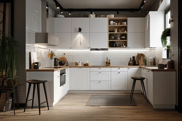 Classic kitchen in modern style with wooden countertop and white tile, created with Generative AI.