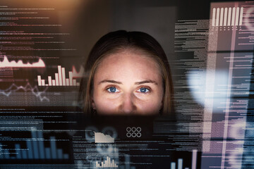 Aufkleber - Woman, dashboard and data analytics, coding and information technology with digital overlay and stock market statistics. Trading, IT and fintech, female trader working night and graph on stocks app
