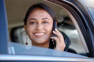 Poster - Travel, phone call and woman in car, happiness and communication on journey, smile and relax. Female traveler, happy girl and commuter with smartphone, connection and talking in vehicle and transport