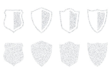 Gray random digital data matrix shield collection of binary code numbers isolated on a white background. Technology, storage, data security, protection, or cyber defense concept. Vector illustration