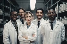 Professional Multiethnic Medical Staff Looking At Camera In Modern Equipped Lab. Diverse Team Of Scientists In White Coats Smiling At Camera Working Together In Hospital Laboratory. Generative AI