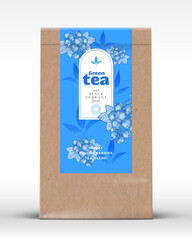 Wall Mural - craft paper bag with fruit and berries tea label. realistic vector pouch packaging design layout. mo
