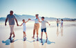 © Jesse Bettencourt/peopleimages.com - Beach, family holding hands and grandparents with children playing and walking on ocean sand together. Fun, vacation and senior man and woman with kids bonding, quality time and summer walk in nature