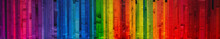 Color Bar Made From Sheets Of Melted Crayons Aligned In Rainbow Color.  Creative Color Abstract. Extra Wide Format. Generative AI.